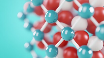 Obraz premium Glossy Teal and Red-White 3D Molecular Structure Intricate atom network with sharp focus, against a soft blue, representing interconnected scientific research. ,chemistry, micro