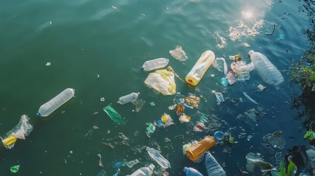 Floating plastic debris pollutes murky water under sunny daylight, a stark environmental issue.