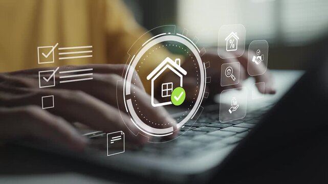 Digital real estate investment evaluation concept. User using laptop with property and analytics icons, housing market insights, investment assessment and financial planning.