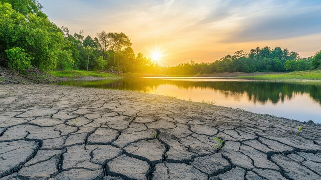 Parched earth with cracked soil and receding water under a dramatic sunset sky