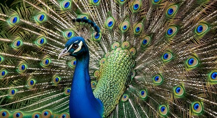 Obraz premium Vibrant Peacock Displaying Full Tail Feathers in Lush Green Forest with Iridescent Blue and Green Plumage