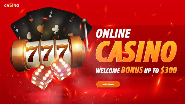 Online casino, red horizontal invitation banner for website with button, gold slot machine with jackpot and black playing cards in cartoon style. Call to action button invites users to join play