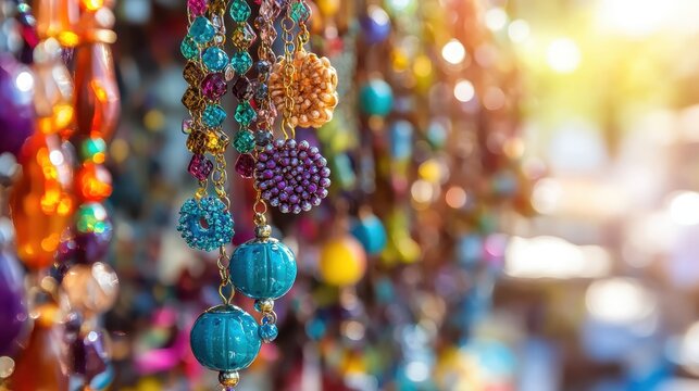 Vibrant handcrafted beaded jewelry displayed at a colorful artisanal market stall