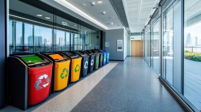 Row of brightly colored recycling bins in a modern office corridor, promoting sustainable waste management solutions