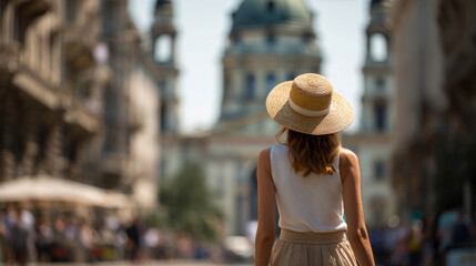 Young Woman Tourist in Straw Hat Looking at St. Stephen's Basilica in Budapest, Hungary
