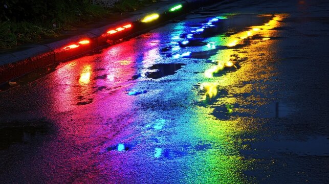 Vibrant neon lights reflecting on wet urban street pavement creating colorful streaks at night