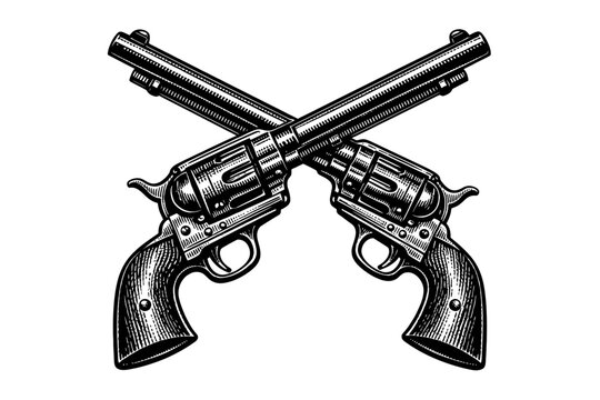 Vintage Crossed Revolvers Engraving: Iconic Wild West Firearms Illustration, Classic Cowboy Pistols, Antique Handguns Graphic, Retro American Old West Dueling Weapons Design, Historical Firepower Art,