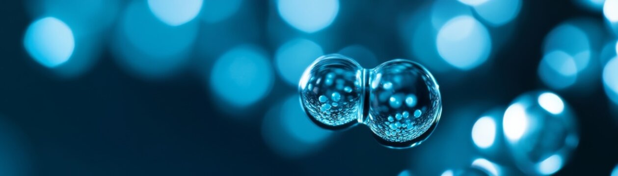 Macro abstract Two glowing blue spheres with internal micro-particles, interconnected, against blurred bokeh. Concept cellular growth, molecular fusion, biotech., Science, Innovation