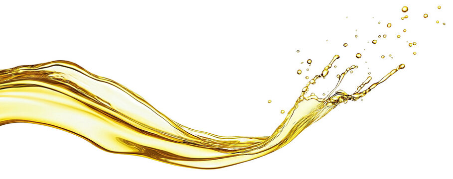 Golden olive oil splash flowing liquid wave, isolated on transparent cutout background