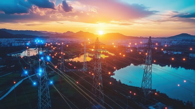 Vast electrical grid infrastructure illuminated at sunset, showcasing energy transmission across a sprawling landscape with glowing lights