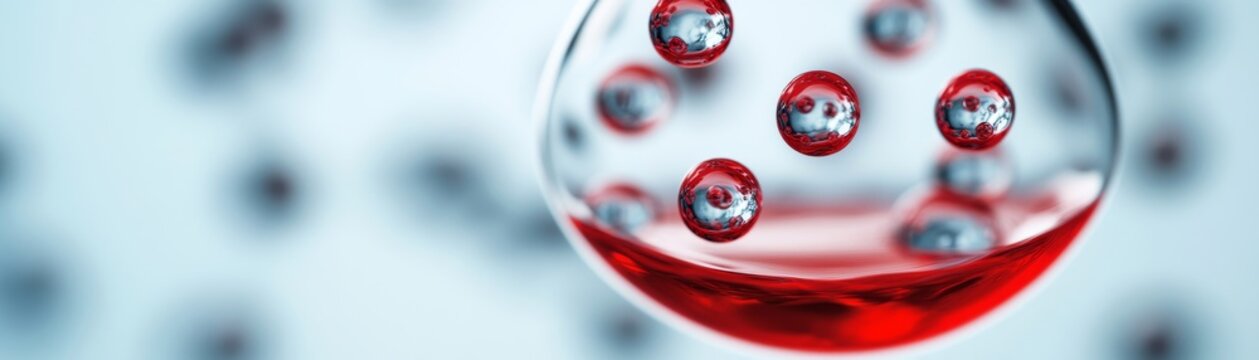 Microscopic 3D render Red liquid and reflective blue cells contained in a clear sphere. Abstract scientific concept for biological research, molecular medicine or futuristic