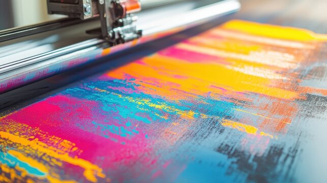 Vibrant art posters being printed with sharp designs and colorful palettes in a modern studio