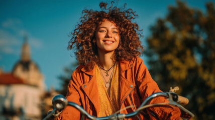 Fototapeta premium Smiling woman with curly hair enjoys a sunny day while riding her bicycle