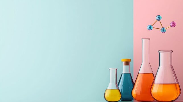 Modern Chemistry Still Life Four Colorful Flasks and Molecular Model on Split BluePink Background, Symbolizing Scientific Research and Innovation, Chemistry, Science