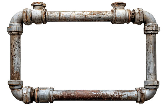 Rectangular industrial frame made of rusty metal pipes, isolated on transparent cutout background