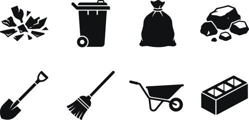 Construction waste and cleanup icon set featuring wheelbarrow shovel broom trash bin rubble debris bag and cinder block silhouettes for industrial site maintenance © Joni Islam