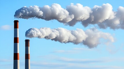Industrial smokestacks releasing thick white emissions into the clear blue sky