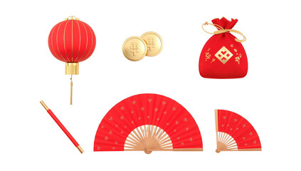 Red chinese lantern coins fan and accessories isolated on a transparent background red lantern