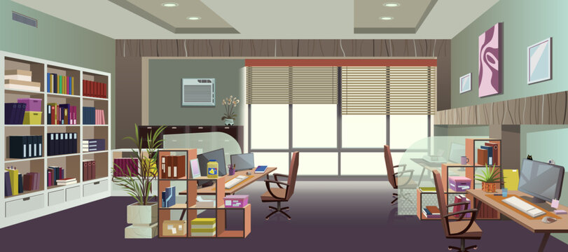 Stylish office interior. Work environment, office furniture and equipment, desks and computers. Manager's office, accounting department, design studio. Office backgrounds. Vector cartoon illustration.