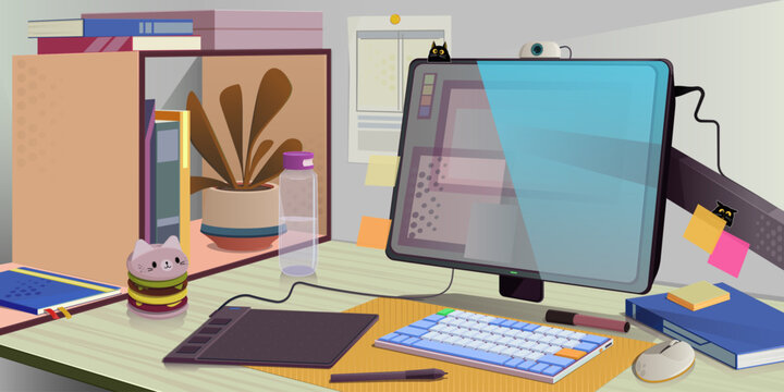 Workspace and environment for a digital artist, graphic designer, or web designer. Furniture and equipment, desk, shelves, touchscreen monitor, graphics tablet, stationery, props. Vector cartoon.