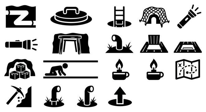 Solid black icons for insurgency tunnels and underground hideouts. Manhole covers, tunnel cross-sections, and clandestine access collection. Vector illustration for tactical resistance games, historic