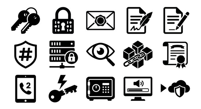 Solid black icons for public key cryptography and digital security. Encryption keys, secure envelopes, and digital signature symbols collection. Vector illustration for cybersecurity apps, blockchain 