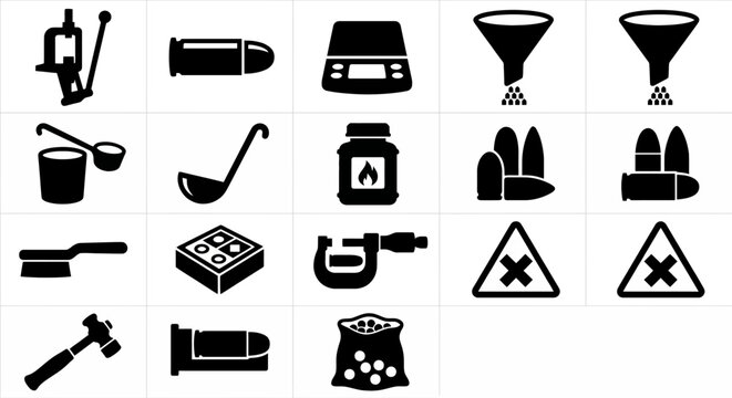 Solid black icons for ammunition reloading and improvised ballistics. Presses, bullet molds, and gunpowder scales collection. Vector illustration for survivalist games, ballistics history blogs