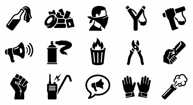 Solid black icons for urban guerrilla warfare and civil resistance. Molotov cocktails, barricades, and protest symbols collection. Vector illustration for insurgency-themed games, social strategy blog