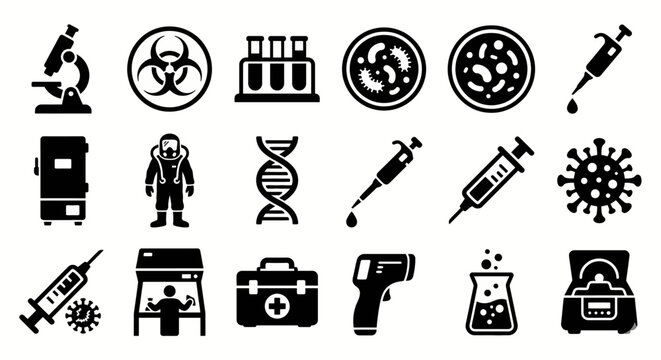 Solid black icons for biological warfare and laboratory biosafety. Microscopes, biohazard symbols, and containment gear collection. Vector illustration for medical research apps, pandemic strategy gam