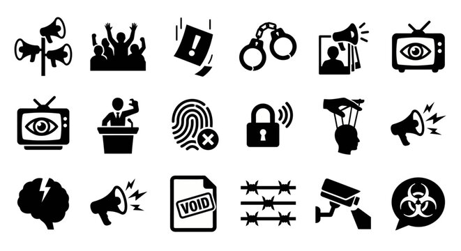 Solid black icons for psychological warfare and mass control. Megaphones, crowds, and propaganda symbols collection. Vector illustration for dystopian strategy games, social control blogs, and tactica