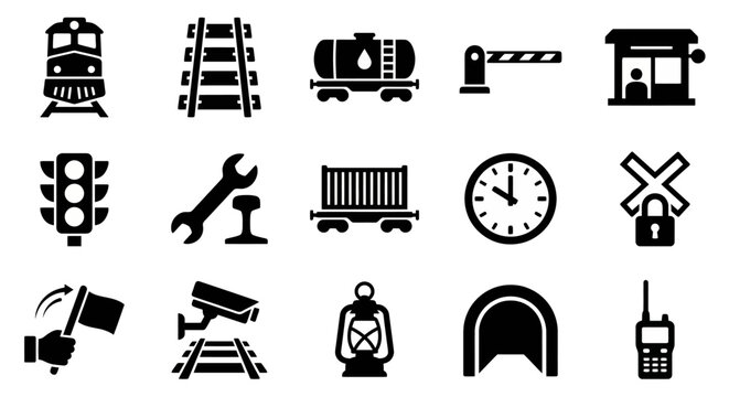 Solid black icons for railway security and train logistics. Locomotives, tracks, and signal equipment collection. Vector illustration for logistics management apps, transport history, and strategic in