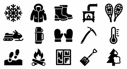 Solid black icons for winter warfare and arctic survival. Parkas, heaters, and snow equipment collection. Vector illustration for survival games, cold weather gear branding, and tactical winter concep © VectorGomes
