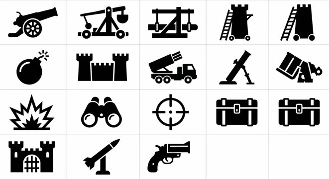 Solid black icons for siege warfare and heavy artillery. Cannons, catapults, and fortress breaching equipment collection. Vector illustration for strategy games, military history, and tactical artille