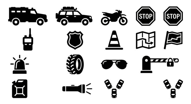 Solid black icons for convoy security and armored escort. Armored trucks, escort vehicles, and traffic control symbols collection. Vector illustration for logistics security apps, transport history, a
