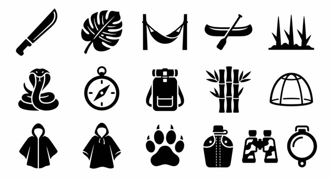 Solid black icons for jungle warfare and tropical survival. Machetes, bamboo traps, and rainforest equipment collection. Vector illustration for survival games, jungle expedition branding, and tactica