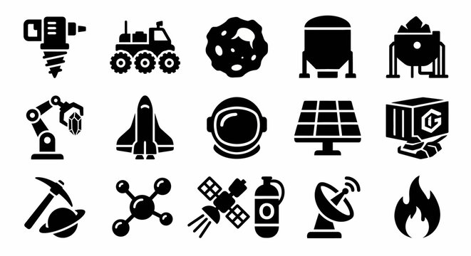 Solid black icons for space mining and lunar exploration. Industrial drills, rovers, and asteroid mining equipment collection. Vector illustration for sci-fi games, space industry branding, and futuri
