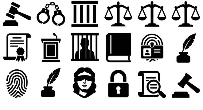 Solid black icons for war crimes and international justice. Gavels, handcuffs, and scales of justice collection. Vector illustration for human rights apps, judicial blogs, and international law brandi