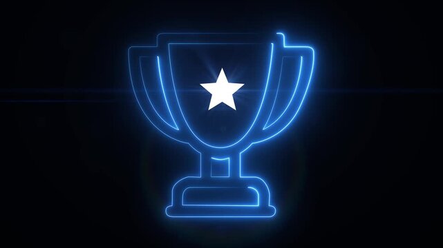 Glowing neon line Award cup icon isolated on black background. Winner trophy symbol. Championship or competition trophy. Sports achievement sign. Motion graphics of award cup concept