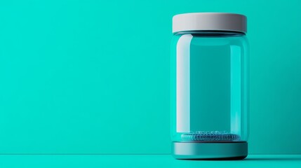Sleek clear water bottle with a futuristic purification core, on a vibrant teal backdrop, embodying modern hydration. Minimalist, Tech