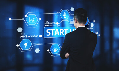 A businessman stands in front of a digital interface displaying startup concepts, including icons of growth, innovation, and partnership, representing modern business strategies. Tessel © InfiniteFlow