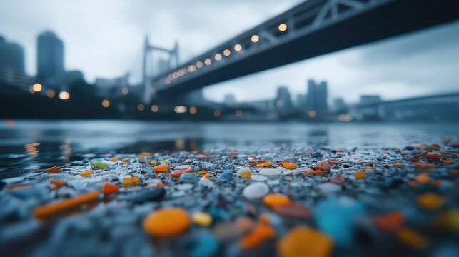 Tiny microplastics contaminate a water's edge near a blurred urban bridge and city skyline