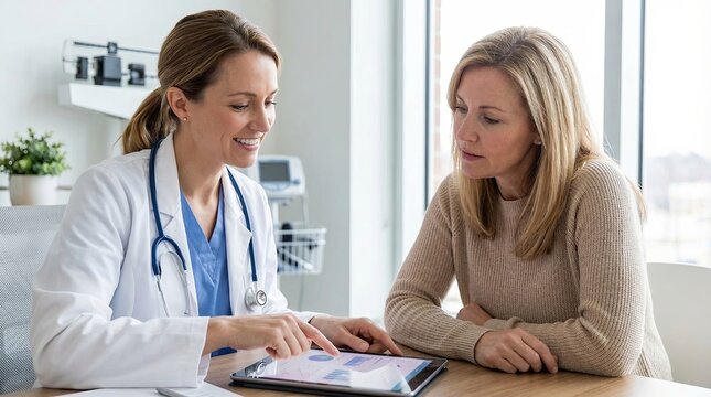 Doctor showing medical results to patient on tablet in bright clinic