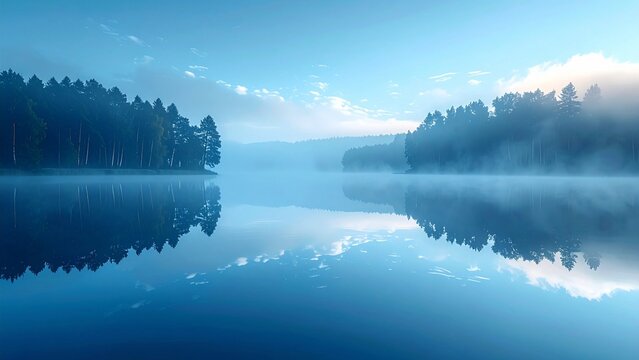 静寂に包まれた夜明けの湖畔と幻想的な朝霧（鏡面反射・背景・コピースペース）
Ethereal morning mist over a serene, mirror-like lake at dawn