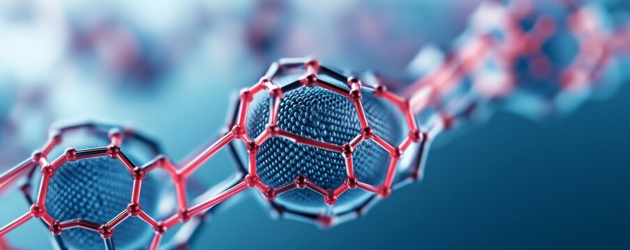 Vibrant 3D render of blue textured nanospheres linked by a red geometric lattice chain. Represents molecular structure, virus, or advanced science., Nanoscience, Virology