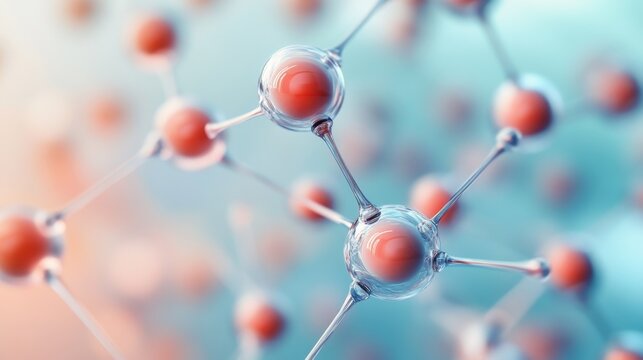 Vibrant 3D rendered molecular structure clear glass spheres with red cores interconnected, depth of field blur on a dual-tone background, representing biotech and