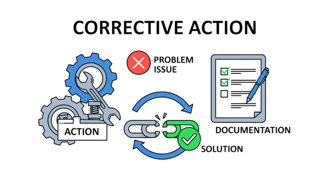 Corrective Action Concept with Problem Identification, Solution, and Documentation Icons.