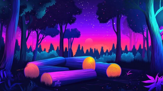Vibrant logs of felled trees in a neon forest landscape under a starry night sky, representing the stark reality of deforestation and its impact on nature.
