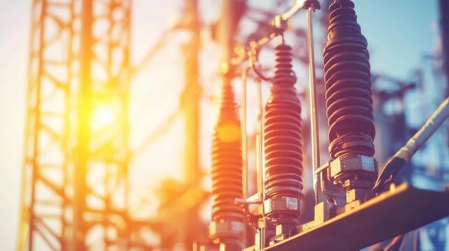 Close up of electrical insulators and power transmission equipment at an energy substation during sunset with warm sunlight