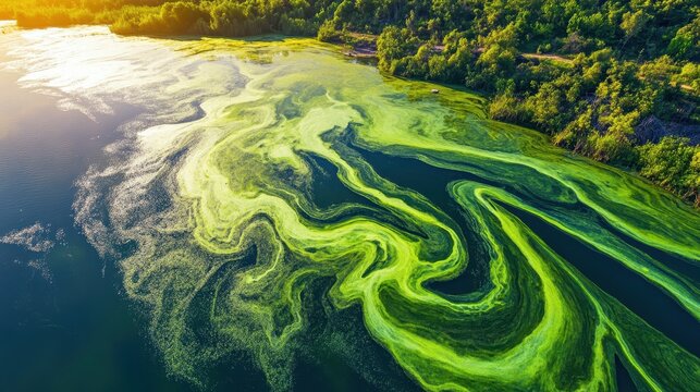 Aerial view of a vibrant green algae bloom swirling across the surface of a forest pond under bright sunlight