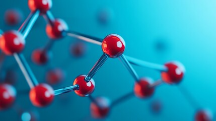 Obraz premium Vibrant red spheres linked by clear bonds form a 3D molecular structure, symbolizing chemistry, innovation and scientific research against a blurred blue background., science,
